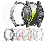 XINGHAO 6+6 Pack Bling Case for Samsung Galaxy Watch 7 44mm Screen Protector, Sparkling Rhinestone Hard PC Case + HD Anti-Fog Tempered Glass Film, Waterproof Face Cover Set for Galaxy Watch 7 44mm