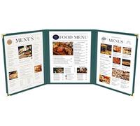 XINGHUA 10-Pack Menu Covers 8.5" x 14" Legal Size 3-Fold 3 Pockets 6 Views Double Panels Metal Corner Clear View Water Proof Restaurant Bar Café Drink Wine Baking Kids DIY (Green-Gold)
