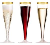 Xinglongs Plastic Champagne Flutes 100 Pack Gold Rim Plastic, 5 Oz Disposable Toasting Glasses for Wedding Party