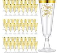 Xinglongs Plastic Champagne Flutes 48 Pack 2026 Happy New Year Gold Rim Plastic Champagne Flutes 5oz Disposable Party Cups