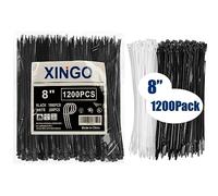 XINGO 1200 PCS Cable Ties Heavy Duty, 200mm x 4.8mm, Black Zip Ties 1000PCS+White 200PCS, 50lbs Tensile Strength, Self-Locking Nylon Wire Ties for Indoor and Outdoor use