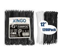 XINGO 1200 PCS Cable Ties Heavy Duty, 300mm x 4.8mm, Black Zip Ties 1000PCS+White 200PCS, 50lbs Tensile Strength, Self-Locking Nylon Wire Ties for Indoor and Outdoor use