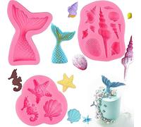 Xingrun Mermaid Silicone Mould 3PCS Shell Conch Mermaid Tail Seahorse Starfish Fondant Cake Moulds,Silicone Baking Molds Tools for DIY Cake Decorating Chocolate Candy Soap