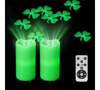 XingsLight St. Patrick's Day Green LED Candle with Lucky Clover Projection, Real Wax & Remote Control, Decorative Candle Projector Light,Set of 2