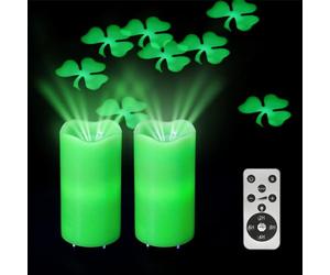 XingsLight St. Patrick's Day Green LED Candle with Lucky Clover Projection, Real Wax & Remote Control, Decorative Candle Projector Light,Set of 2