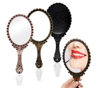 XINGYATU 3 Pcs Vintage Mirror Handheld, Embossed Floral Retro Makeup Mirror with Handle Compact and Portable, Mini Single-sided Oval Mirrors for Travel Office (Black, Rose Gold, Bronze)