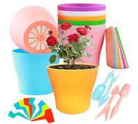 XingyLi 24Pcs 14cm Colorful Plastic Plant Pots Indoor, 8 Round Small Flower Pots with Saucers, Includes 12 Plant Labels and 4 Transplanting Tools for Office House Garden Outdoor