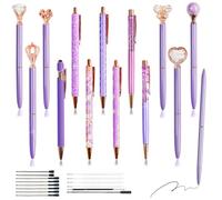 XingyLi 28Pcs Purple Pen Crystal Diamond Ballpoint Pens Set, 14 Retractable Bling Glitter Metal Crown Ball Point Pens with 14 Black Ink Refills, Liquid Sand Pretty Pens, Creative Fancy Gifts