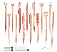 XingyLi 28Pcs Rose Gold Pen Crystal Diamond Ballpoint Pens Set, 14 Retractable Bling Glitter Metal Crown Ball Point Pens with 14 Black Ink Refills, Liquid Sand Pretty Pens, Creative Fancy Gifts
