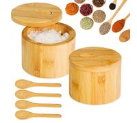 XingyLi 2Pcs Bamboo Salt Boxes, Round Salt and Spice Storage Box with Magnetic Swivel Lid and 6 Spoons, Pepper Spice Containers, Seasoning Pot Bowl Jars for Kitchen Sea Salt Herb Sugar Tea Caddy