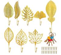 XingyLi 8Pcs Decorative Leaves Iron Hooks, Leaf Shape Wall Mounted Coat Hooks with 20 Screws, Gold Metal Decorative Hanging Wall Hooks, Towel Hook Key Holder Coat Hanger for Kitchen Bathroom Decor