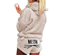 XingYue Direct 2 Pieces Women's Cat Pyjamas Cute Girls Meow Sleepwear Soft Bathrobe Shorts Winter Lounge Sleepwear Sets, beige, XS/S