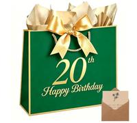 Xinhelan 13" Birthday Gift Bag with Tissue papers Card, Designed with Handles for Women Men Kids, 1st -100th (Green, 20th)