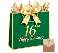 Xinhelan 13" Birthday Gift Bag with Tissue papers Card, Designed with Handles for Women Men Kids, 1st -100th (Green, 16th)
