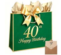 Xinhelan 13" Birthday Gift Bag with Tissue papers Card, Designed with Handles for Women Men Kids, 1st -100th (Green, 40th)