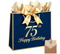Xinhelan 13" Birthday Gift Bag with Tissue papers Card, Designed with Handles for Women Men Kids, 1st -100th (Blue, 75th)