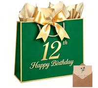 Xinhelan 13" Birthday Gift Bag with Tissue papers Card, Designed with Handles for Women Men Kids, 1st -100th (Green, 12th)