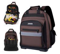 XINHESDEN Tool Bag Backpack, Heavy Duty Tool Backpack Bag with Waterproof Molded Base, Electrician Work Pack for Hand Tools, Multi Pockets Tool Storage Organizer for Contractor, HVAC Techs, Brown