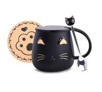 XinHuiGY Black Cat Ceramic Coffee Mug, Cute Cat Cup, Handmade Tea Cups withLid and Tea Spoon, Kawaii Kitty Cups, Hot Chocolate Novelty Mugs Christmas Birthday Mother Day Gift for Girls Women (Black)