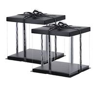 XININSUN 2Pcs Clear Cake Box Carrier Packaging 10" X 10" X 9", Large Cake PET Clear Box with Ribbon Black Base and Lid, New Year,Black