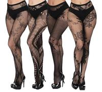 Xinjieda Women's Black Stockings - 4 Pairs Thigh Highs Hold Ups & Fishnet Stockings