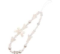 Xinjincang White Cute Phone Charm Lanyard - Pearl Beaded Bow Wrist Strap with Anti-Lost Keyring Chain | Decorative Pendant for Cell Phones, Cameras and Wallet Accessories, 1, Plastic, No Gemstone