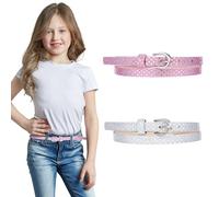 Xinjoduz 2 PCS Cute Shiny Skinny Thin Belt for Girls, Glitter PU Leather Kids Belts with Buckle Sparkly Adjustable Waist Toddler Belt for Boys Girls Jeans Pants Trousers Dress (Silver & Rose Red)