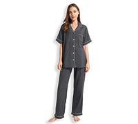 XINJU Women's Pajama Set Long Sleeve Soft Comfy Lightweight 100% Double Gauze Cotton Button Down Sleepwear, Dark Grey Short Sleeve, Large