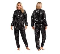 XINLIANYI 2Pcs Mens Womens PVC Sauna Suit Long Sleeve Elastic Cuff Top with Pants Sweat Suit Fitness Gym Workout Set,Black,XL