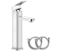 XINMENG Basin Mixer Tap Kitchen Faucet Square Bathroom Sink Tap-Tall | Hot and Cold, Single Hole with 2 Hoses, Chrome Brass, Single Lever, Aanti-Splash Flow Water Saving Aerator for Cloakroom