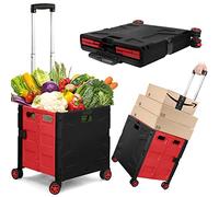 XINMENG Tools Foldable Shopping Trolley Box With Secure Lid, Heavy Duty Extra Large Folding Supermarket Grocery Shopping Boot Cart Box 50Kg Noiseless Rotate Wheel, Storage Box, Portable Trolley - Red
