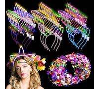 Xinnun 50 Pcs LED Cat Ear Headbands Bulk, Light up Flower Headband Glow Crown Rabbit Ear Head Accessories for Glow in the Dark Party (Unicorn)
