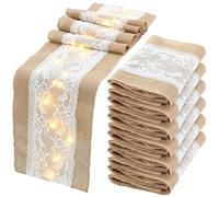 Xinnun 6 Pack Burlap Table Runner with LED String Lights Lace Rustic Natural Vintage Boho Jute Runner for Farmhouse Wedding Thanksgiving Decor (Modern,12x70 Inches)
