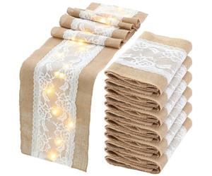 Xinnun 6 Pack Burlap Table Runner with LED String Lights Lace Rustic Natural Vintage Boho Jute Runner for Farmhouse Wedding Thanksgiving Decor (Modern,12x70 Inches)