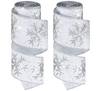 Xinnun Christmas Snowflake Wired Ribbon 2.5 Inches 2 Rolls Satin Glittered Snowflake Wired Edge Christmas Ribbon for Tree Gift Wrapping Home Decorations Bow DIY Craft(12 Yard,White, Silver)