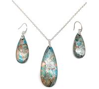 xinpeng Teardrop Sea Sediment Imperial Jasper Natural Stone Gemstone Necklace Pendant & Drop Dangle Hook Earrings Jewelry Set For Women, 4.5x2.3 inches, Stone