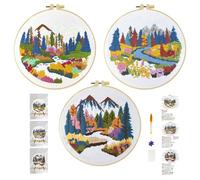 Xinpinzhou 3pcs Embroidery Kit, Easy Autumn Landscape Embroidery Starter Patterns Kits Set for Adults Beginners Including Pattern Cloth, Color Thread, Needles, Hoop, Scissors, Instructions
