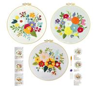 Xinpinzhou 3pcs Embroidery Kit, Easy Flower Embroidery Starter Patterns Kits Set for Adults Beginners Including Pattern Cloth, Color Thread, Needles, Hoop, Scissors, Instructions