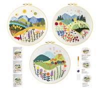 Xinpinzhou 3pcs Embroidery Kit, Easy Flower Grass Plant Embroidery Starter Patterns Kits Set for Adults Beginners Including Pattern Cloth, Color Thread, Needles, Hoop, Scissors, Instructions