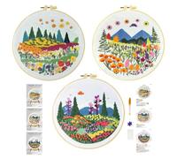 Xinpinzhou 3pcs Embroidery Kit, Easy Flower Grass Plant Embroidery Starter Patterns Kits Set for Adults Beginners Including Pattern Cloth, Color Thread, Needles, Hoop, Scissors, Instructions