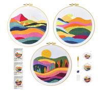 Xinpinzhou 3pcs Embroidery Kit, Easy Mountain Landscape Embroidery Starter Patterns Kits Set for Adults Beginners Including Pattern Cloth, Color Thread, Needles, Hoop, Scissors, Instructions