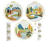 Xinpinzhou 3pcs Embroidery Kit, Easy River Landscape Embroidery Starter Patterns Kits Set for Adults Beginners Including Pattern Cloth, Color Thread, Needles, Hoop, Scissors, Instructions