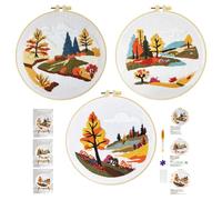 Xinpinzhou 3pcs Embroidery Kit, Easy Streamside Landscape Embroidery Starter Patterns Kits Set for Adults Beginners Including Pattern Cloth, Color Thread, Needles, Hoop, Scissors, Instructions