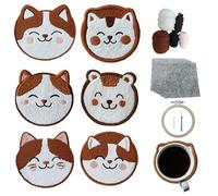 Xinpinzhou 6pcs Cat Punch Needle Coaster Kit for Kids Beginners Adults, Complete Punch Needle Stitching Embroidery Art Coasters Kit for Kids Adult Beginner Animal Punch Needling Coaster