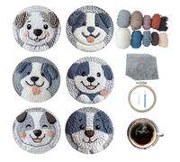 Xinpinzhou 6pcs Dog Punch Needle Coaster Kit for Kids Beginners Adults, Complete Punch Needle Stitching Embroidery Art Coasters Kit for Kids Adult Beginner Animal Punch Needling Coaster