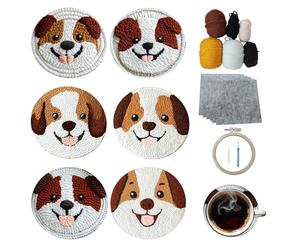 Xinpinzhou 6pcs Dog Punch Needle Coaster Kit for Kids Beginners Adults, Complete Punch Needle Stitching Embroidery Art Coasters Kit for Kids Adult Beginner Animal Punch Needling Coaster