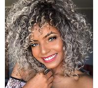 Xinran Curly Afro Grey Wigs for Black Women, Short Grey Afro Wig with Bangs, Synthetic Omber Gray Curly Full Wig 14 inch
