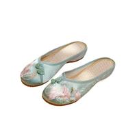 xinrishe 2024 Summer Chinese Traditional Style Flower Embroidered Flat Mules Ethnic Style Round Toe Satin Casual Slippers Hanfu Ancient Style Shoes For Women(Color:Green,Size:5.5 UK)