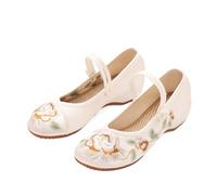 xinrishe 2024 Summer Satin Floral Embroidered Shoes Chinese Traditional Style Shallow Mouth Casual Shoes Mary Jane Flats Shoes For Stage Show Prom(Color:White,Size:7 UK)
