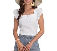 xinrishe 2024 Summer Women's Fashion Square Neck Ruffled Cap Sleeve Shirt Tops Solid Color Casual Cool Comfort Blouse Tops (Color : White, Size : XXL)